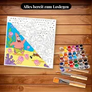 Malen nach Zahlen SpongeBob Schwammkopf und Patrick jagen Quallen – Set bereit zum Loslegen auf dem Tisch