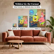 Malen nach Zahlen SpongeBob Schwammkopf und Patrick in der Krossen Krabbe – verfügbare Formate im Größenvergleich zu einem Sofa