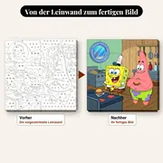Malen nach Zahlen SpongeBob Schwammkopf und Patrick in der Krossen Krabbe – vorher und nachher: vorgezeichnete Leinwand und fertiges Gemälde