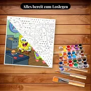Malen nach Zahlen SpongeBob Schwammkopf und Patrick in der Krossen Krabbe – Set bereit zum Loslegen auf dem Tisch