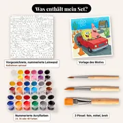 Malen nach Zahlen SpongeBob Schwammkopf und Patrick im Auto – Set-Inhalt: vorgezeichnete Leinwand, Farben, Pinsel