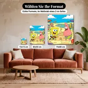 Malen nach Zahlen SpongeBob Schwammkopf und Patrick am Strand – verfügbare Formate im Größenvergleich zu einem Sofa