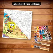 Malen nach Zahlen SpongeBob Schwammkopf und Patrick am Strand – Set bereit zum Loslegen auf dem Tisch