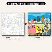 Malen nach Zahlen SpongeBob Schwammkopf, Patrick und Thaddäus – vorher und nachher: vorgezeichnete Leinwand und fertiges Gemälde