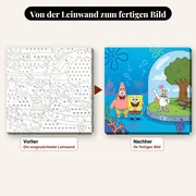 Malen nach Zahlen SpongeBob Schwammkopf, Patrick und Sandy – vorher und nachher: vorgezeichnete Leinwand und fertiges Gemälde