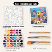 Malen nach Zahlen SpongeBob Schwammkopf und Patrick auf einem Seepferdchen – Set-Inhalt: vorgezeichnete Leinwand, Farben, Pinsel