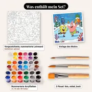 Malen nach Zahlen SpongeBob Schwammkopf und Patrick auf dem Eis – Set-Inhalt: vorgezeichnete Leinwand, Farben, Pinsel