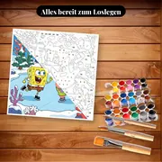 Malen nach Zahlen SpongeBob Schwammkopf und Patrick auf dem Eis – Set bereit zum Loslegen auf dem Tisch