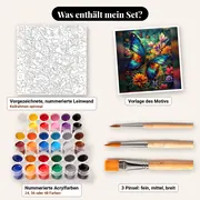 Malen nach Zahlen bunter Schmetterling mit tropischen Blumen – Set-Inhalt: vorgezeichnete Leinwand, Farben, Pinsel