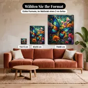Malen nach Zahlen bunter Schmetterling mit tropischen Blumen – verfügbare Formate im Größenvergleich zu einem Sofa