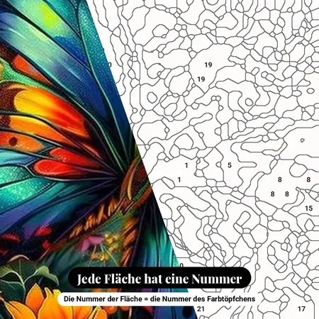 Malen nach Zahlen bunter Schmetterling mit tropischen Blumen – nummerierte Leinwand zum Malen