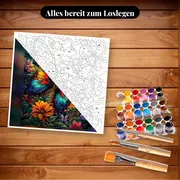 Malen nach Zahlen bunter Schmetterling mit tropischen Blumen – Set bereit zum Loslegen auf dem Tisch