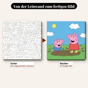 Malen nach Zahlen Peppa Wutz und Schorsch im Matsch bei Sonnenschein – vorher und nachher: vorgezeichnete Leinwand und fertiges Gemälde