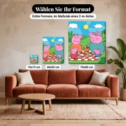 Malen nach Zahlen Peppa Wutz und Schorsch beim Picknick – verfügbare Formate im Größenvergleich zu einem Sofa