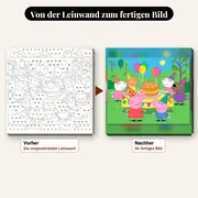 Malen nach Zahlen Peppa Wutz Geburtstagsfeier – vorher und nachher: vorgezeichnete Leinwand und fertiges Gemälde