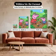 Malen nach Zahlen Peppa Wutz und Schorsch im Garten – verfügbare Formate im Größenvergleich zu einem Sofa