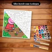 Malen nach Zahlen Peppa Wutz und Schorsch im Garten – Set bereit zum Loslegen auf dem Tisch
