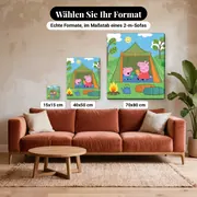 Malen nach Zahlen Peppa Wutz und Schorsch beim Camping – verfügbare Formate im Größenvergleich zu einem Sofa
