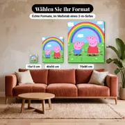 Malen nach Zahlen Peppa Wutz und Schorsch im Matsch unter einem Regenbogen – verfügbare Formate im Größenvergleich zu einem Sofa