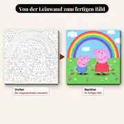 Malen nach Zahlen Peppa Wutz und Schorsch im Matsch unter einem Regenbogen – vorher und nachher: vorgezeichnete Leinwand und fertiges Gemälde