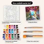Malen nach Zahlen mediterranes Dorf mit Bougainvilleen – Set-Inhalt: vorgezeichnete Leinwand, Farben, Pinsel