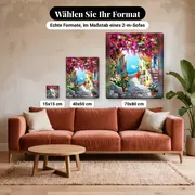 Malen nach Zahlen mediterranes Dorf mit Bougainvilleen – verfügbare Formate im Größenvergleich zu einem Sofa