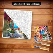 Malen nach Zahlen mediterranes Dorf mit Bougainvilleen – Set bereit zum Loslegen auf dem Tisch