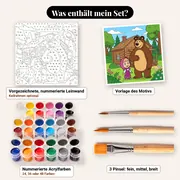 Malen nach Zahlen Mascha und der Bär vor dem Haus – Set-Inhalt: vorgezeichnete Leinwand, Farben, Pinsel