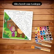 Malen nach Zahlen Mascha und der Bär vor dem Haus – Set bereit zum Loslegen auf dem Tisch