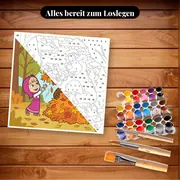 Malen nach Zahlen Mascha und der Bär im Laub – Set bereit zum Loslegen auf dem Tisch