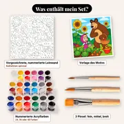 Malen nach Zahlen Mascha und der Bär im Gemüsegarten – Set-Inhalt: vorgezeichnete Leinwand, Farben, Pinsel