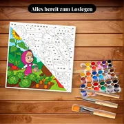 Malen nach Zahlen Mascha und der Bär im Gemüsegarten – Set bereit zum Loslegen auf dem Tisch