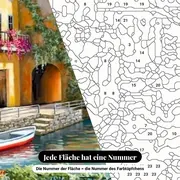 Malen nach Zahlen Terrasse in einem italienischen Dorf am Wasser – Nahaufnahme der nummerierten Leinwand