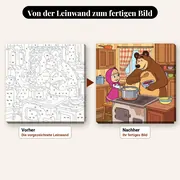 Malen nach Zahlen Mascha und der Bär in der Küche – vorher und nachher: vorgezeichnete Leinwand und fertiges Gemälde