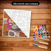 Malen nach Zahlen Mascha und der Bär in der Küche – Set bereit zum Loslegen auf dem Tisch