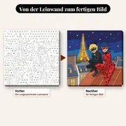 Malen nach Zahlen Miraculous Ladybug und Cat Noir nachts auf den Dächern – vorher und nachher: vorgezeichnete Leinwand und fertiges Gemälde