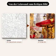 Malen nach Zahlen Paar auf der Terrasse eines Cafés – vorher und nachher: vorgezeichnete Leinwand und fertiges Gemälde