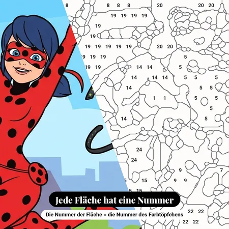 Malen nach Zahlen Miraculous Ladybug und Cat Noir springen über die Dächer – nummerierte Leinwand zum Malen