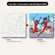 Malen nach Zahlen Miraculous Ladybug und Cat Noir springen über die Dächer – vorher und nachher: vorgezeichnete Leinwand und fertiges Gemälde