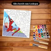 Malen nach Zahlen Miraculous Ladybug und Cat Noir springen über die Dächer – Set bereit zum Loslegen auf dem Tisch