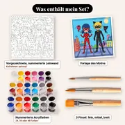 Malen nach Zahlen Miraculous Ladybug und Cat Noir auf bunten Dächern mit Mond – Set-Inhalt: vorgezeichnete Leinwand, Farben, Pinsel