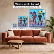 Malen nach Zahlen Miraculous Ladybug und Cat Noir auf bunten Dächern mit Mond – verfügbare Formate im Größenvergleich zu einem Sofa