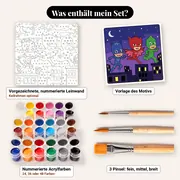 Malen nach Zahlen PJ Masks rennen über die Dächer – Set-Inhalt: vorgezeichnete Leinwand, Farben, Pinsel