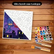 Malen nach Zahlen PJ Masks rennen über die Dächer – Set bereit zum Loslegen auf dem Tisch