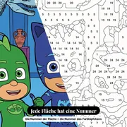 Malen nach Zahlen PJ Masks im Dinosauriermuseum – Nahaufnahme der nummerierten Leinwand