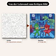 Malen nach Zahlen PJ Masks im Dinosauriermuseum – vorher und nachher: vorgezeichnete Leinwand und fertiges Gemälde