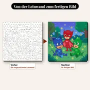 Malen nach Zahlen PJ Masks nachts in einem Park – vorher und nachher: vorgezeichnete Leinwand und fertiges Gemälde