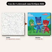 Malen nach Zahlen PJ Masks und Robo-Pyjama – vorher und nachher: vorgezeichnete Leinwand und fertiges Gemälde