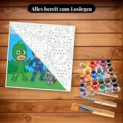 Malen nach Zahlen PJ Masks und Robo-Pyjama – Set bereit zum Loslegen auf dem Tisch