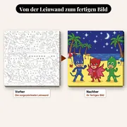 Malen nach Zahlen PJ Masks nachts am Strand – vorher und nachher: vorgezeichnete Leinwand und fertiges Gemälde